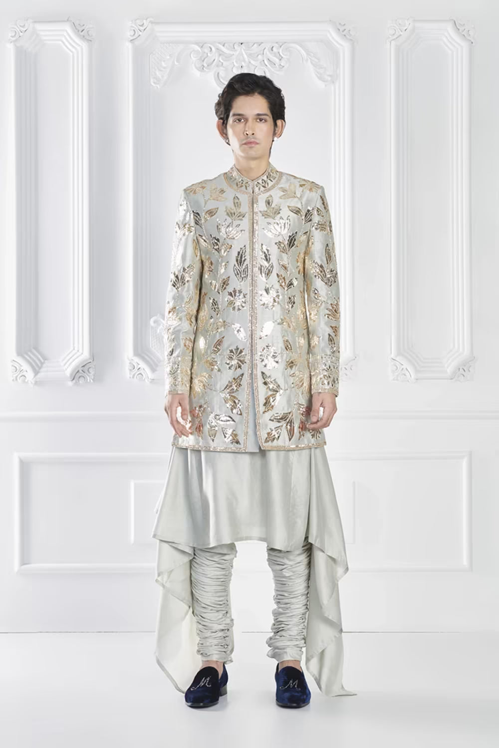 Grey Embroidered Sherwani Set