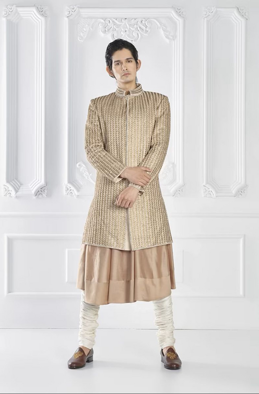 Beige Embroidered Sherwani Set