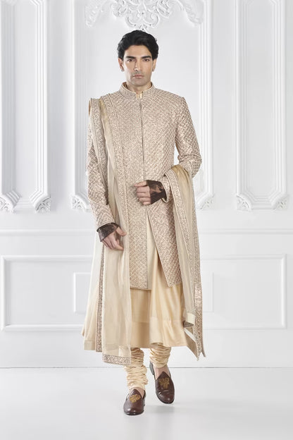 Beige Zardozi Embroidered Sherwani Set