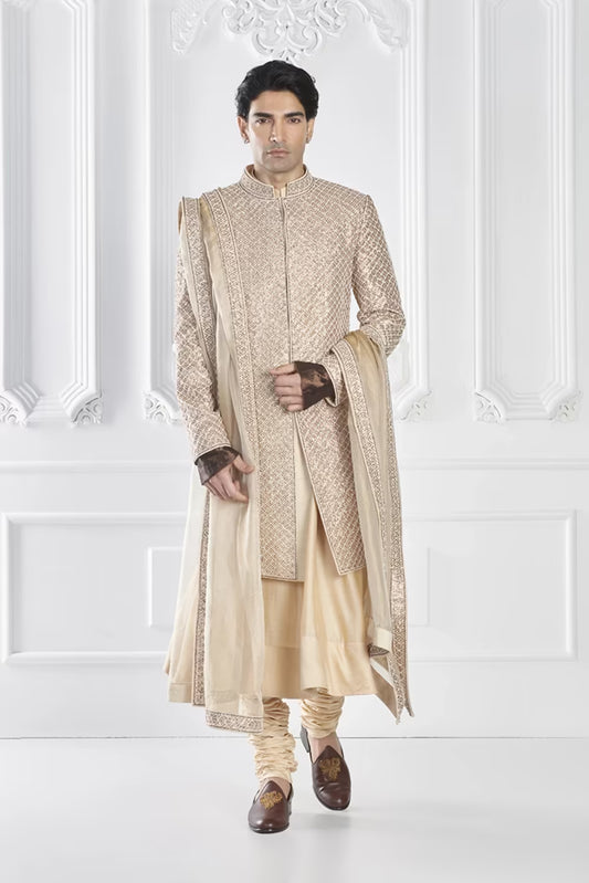 Beige Zardozi Embroidered Sherwani Set