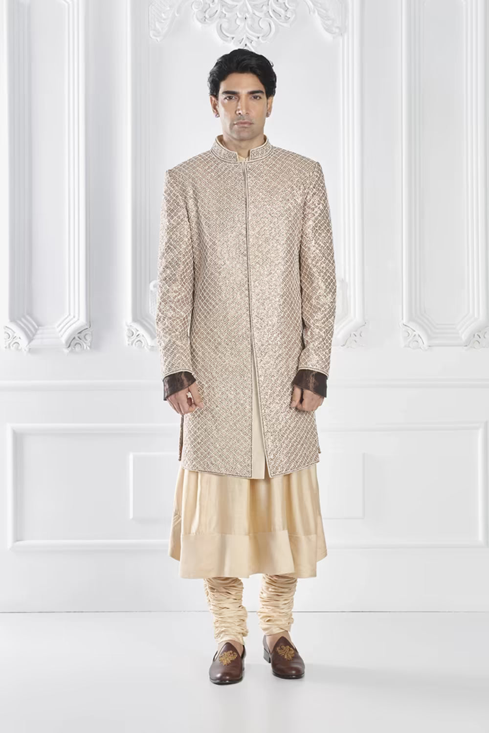 Beige Zardozi Embroidered Sherwani Set