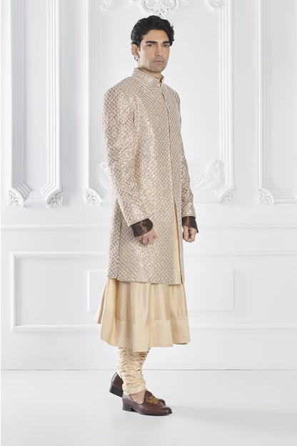 Beige Zardozi Embroidered Sherwani Set