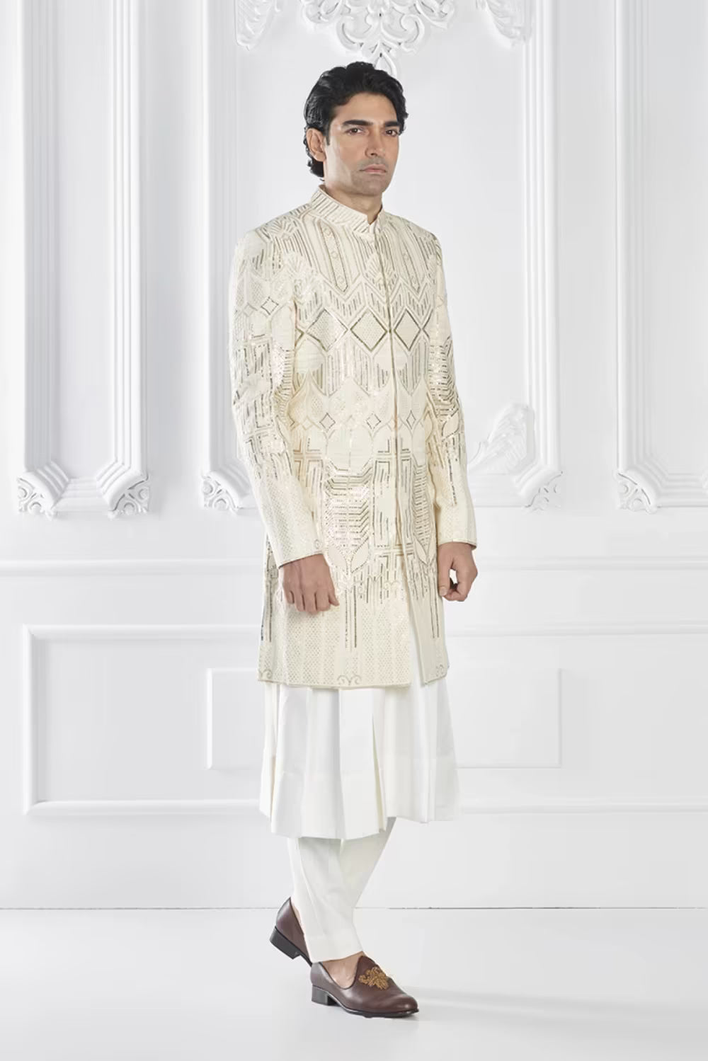Ivory Sequin Embellished Sherwani Set