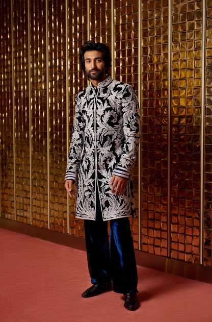 Meezaan Jafri in our Navy Blue Embroidered Sherwani Set