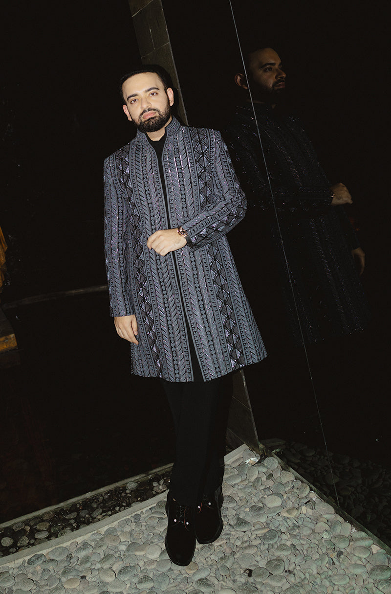 Groom: Munz Bhojwani in our Navy Blue Embroidered Sherwani Set