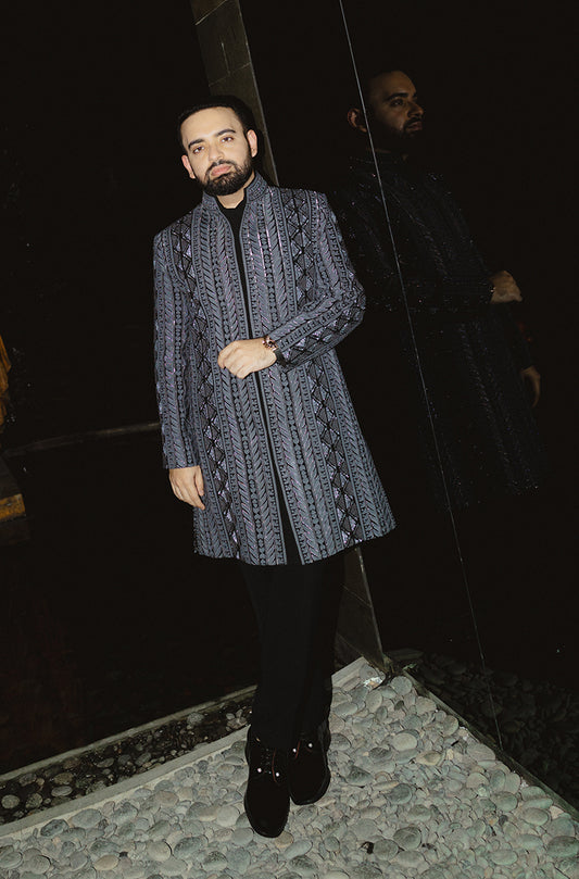 Groom: Munz Bhojwani in our Navy Blue Embroidered Sherwani Set