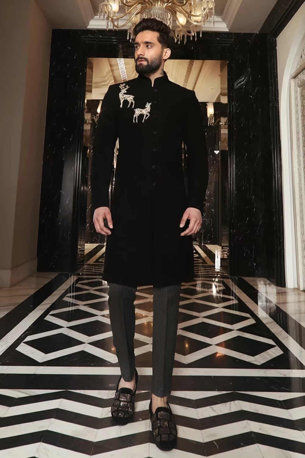Black Sherwani Set with Embroidered Deer Motifs