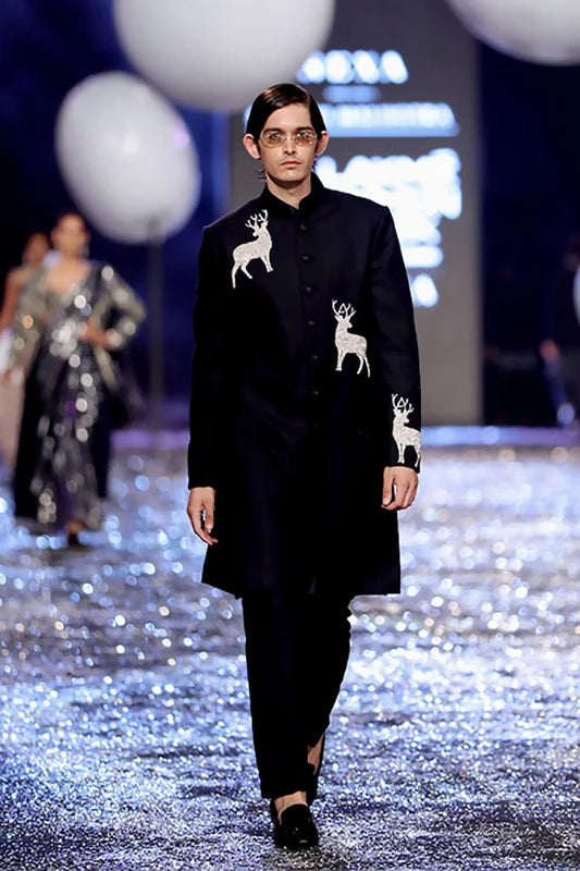 Black with Embroidered Deer Motifs Sherwani Set