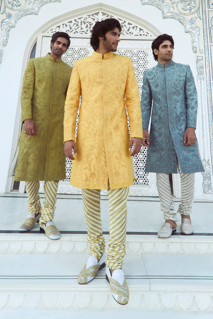 Yellow Floral Embroidered Sherwani Set