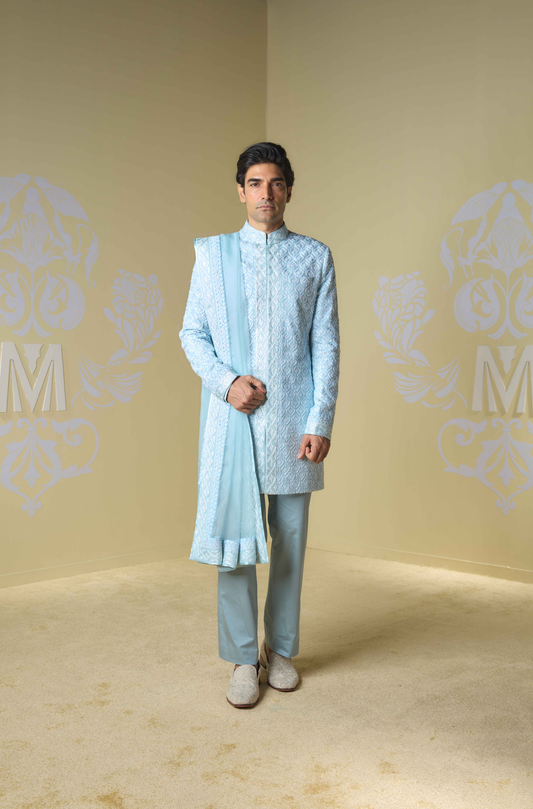 Powder Blue Kashmiri Embroidered Sherwani Set