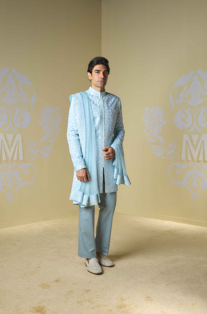 Powder Blue Kashmiri Embroidered Sherwani Set