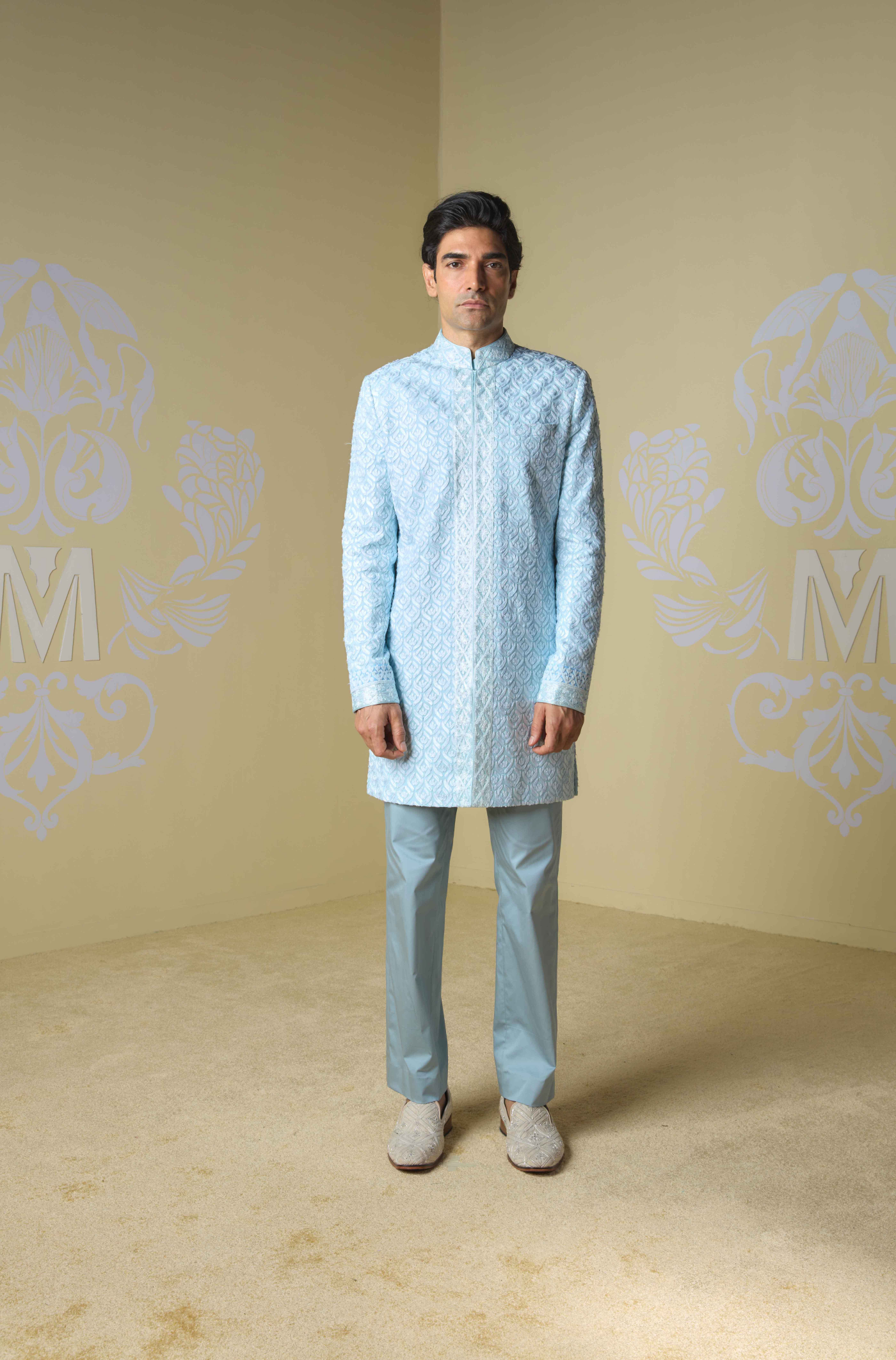 Powder Blue Kashmiri Embroidered Sherwani Set