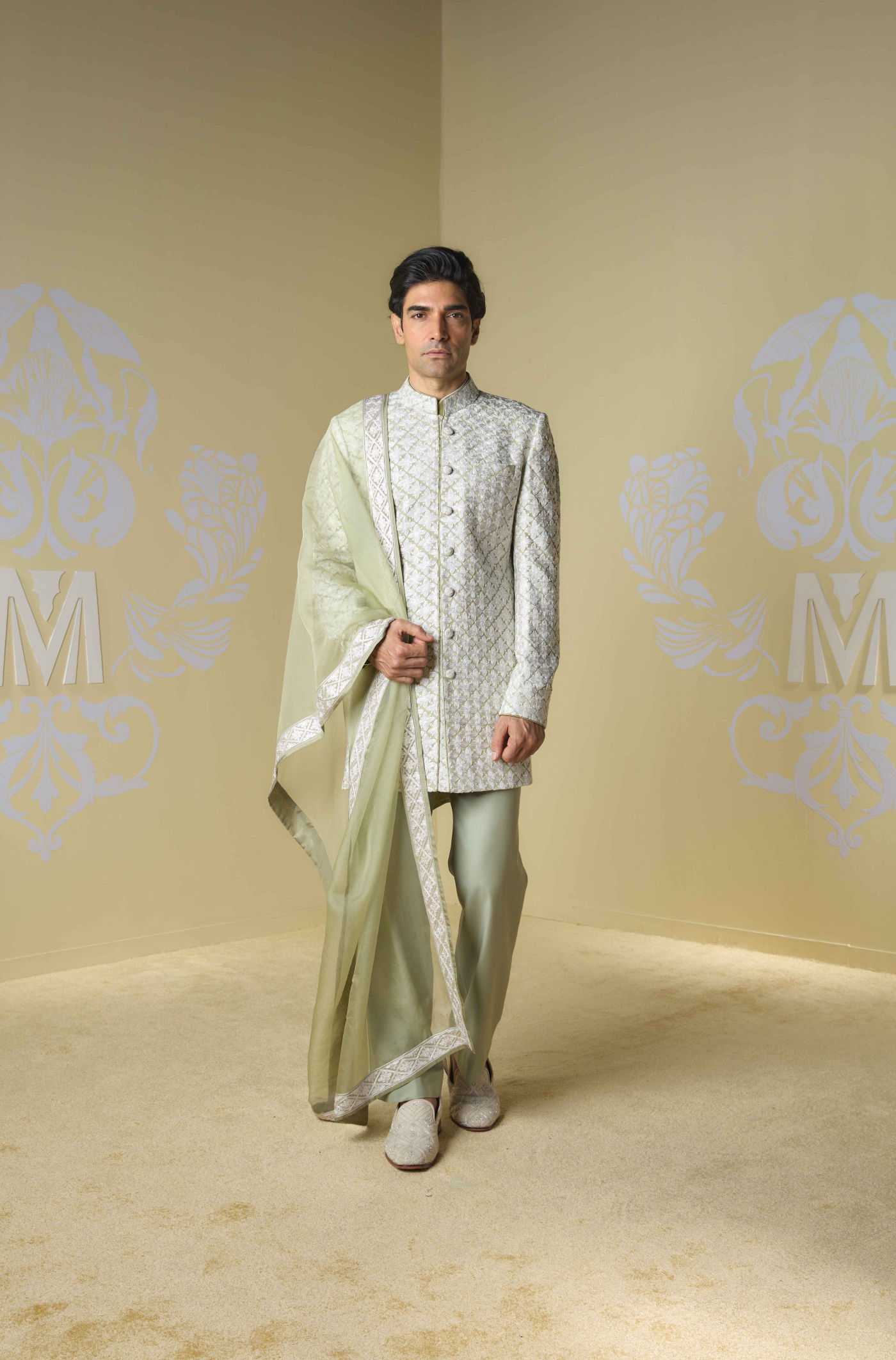 Olive Green Kashmiri Embroidered Sherwani Set