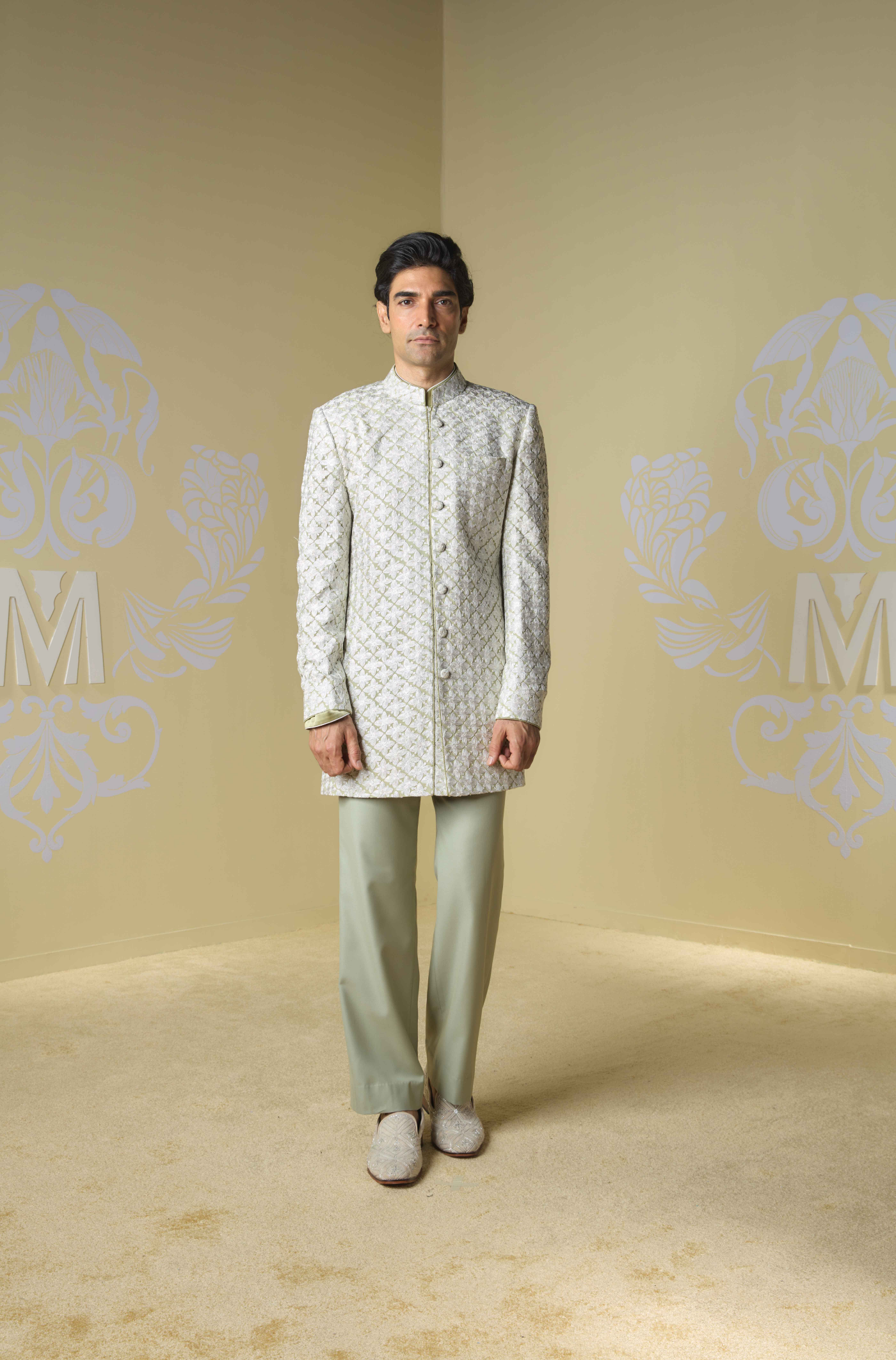 Olive Green Kashmiri Embroidered Sherwani Set