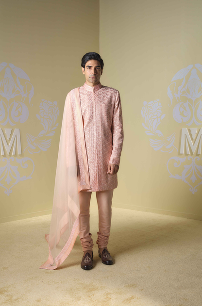 Peach Kashmiri Embroidered Sherwani Set