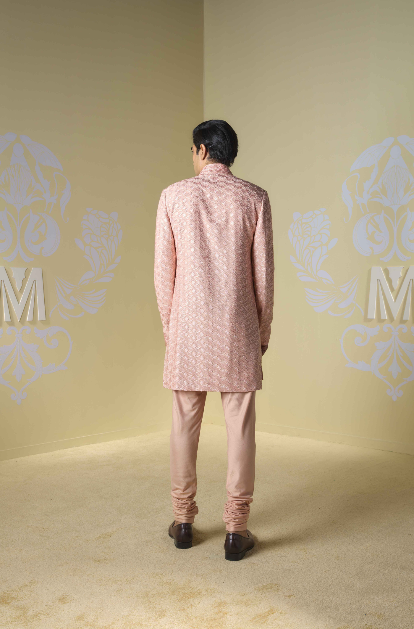 Peach Kashmiri Embroidered Sherwani Set