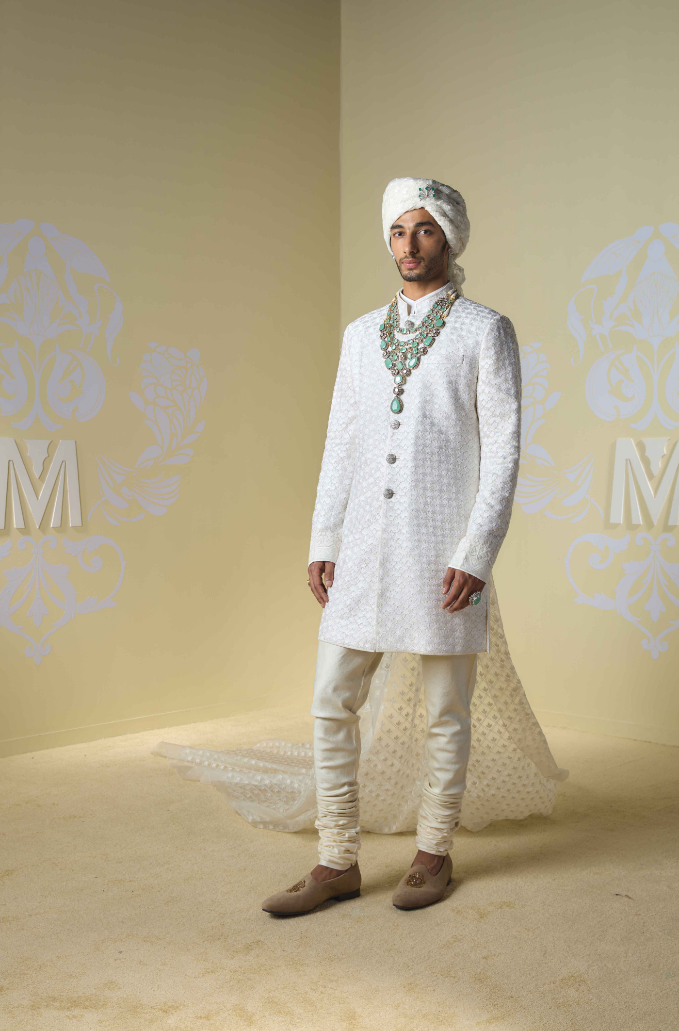 Ivory Kashmiri Embroidered Sherwani Set