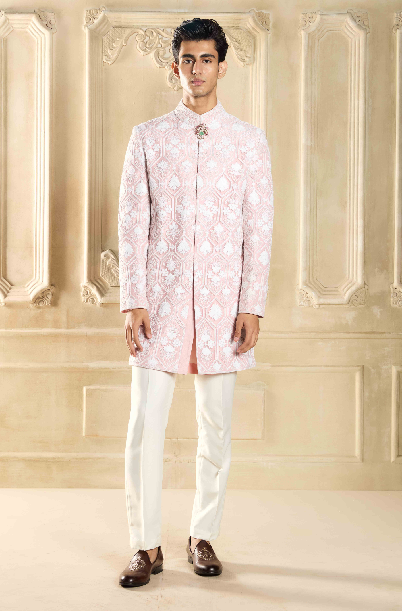 Light Pink Kashmiri Embroidered Sherwani Set