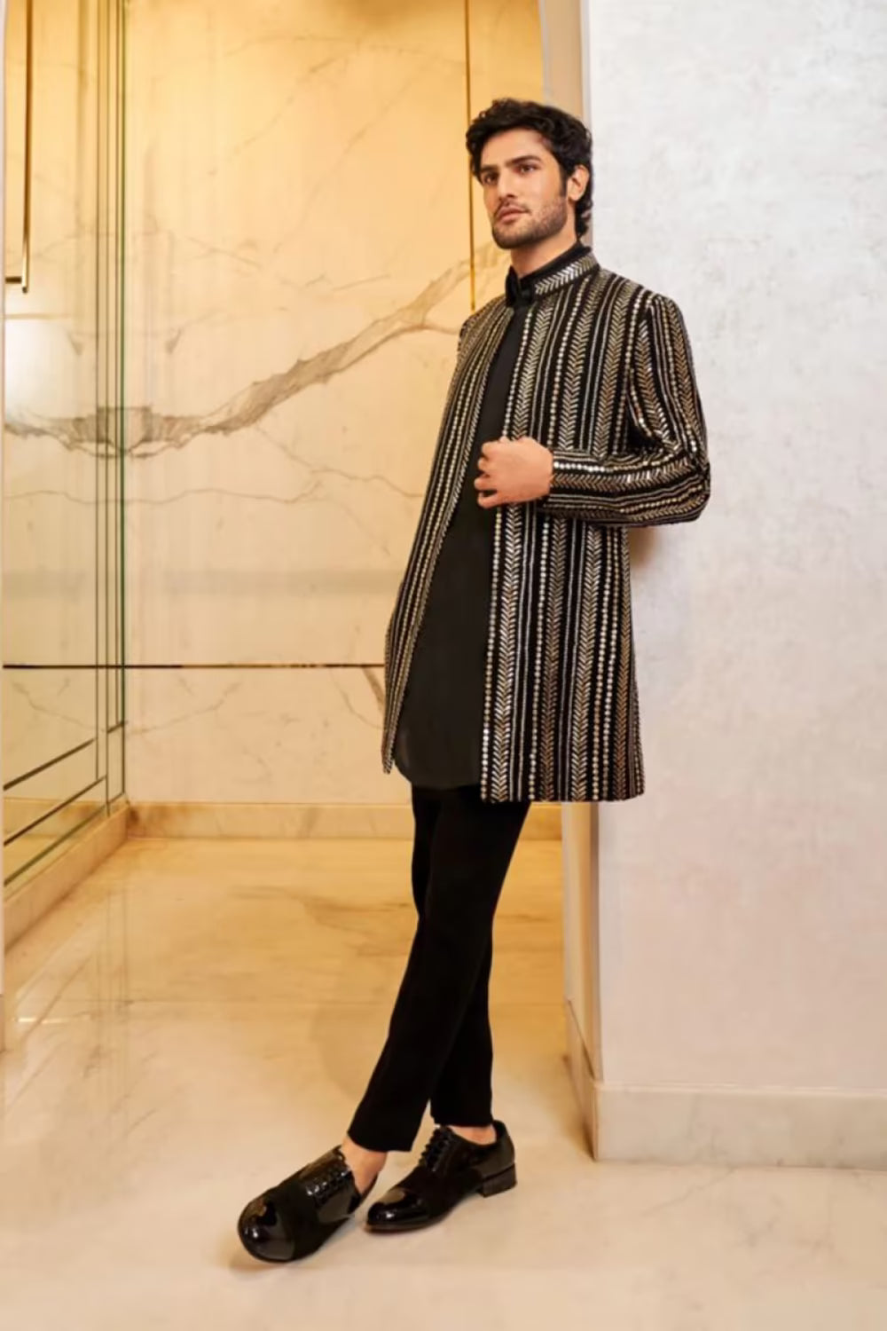 Black with Gold Sequins Embroidery Sherwani Set