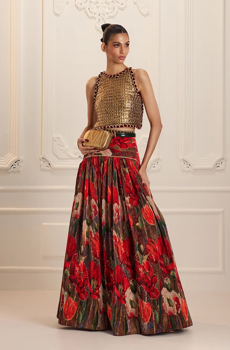 Red Pre-Pleated Printed High Waist Lehenga Set