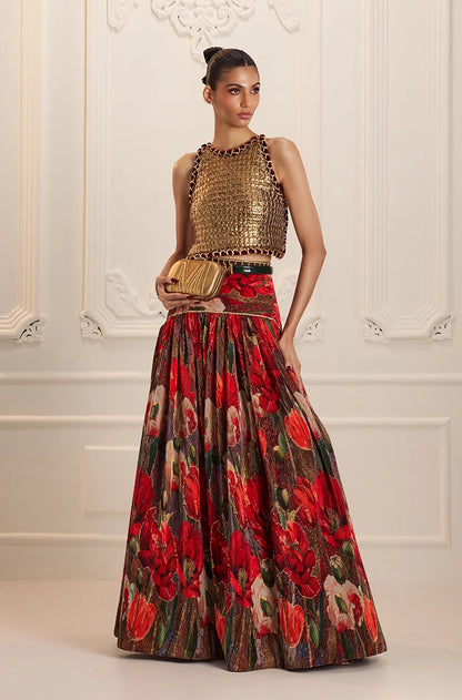 Red Pre-Pleated Printed High Waist Lehenga Set