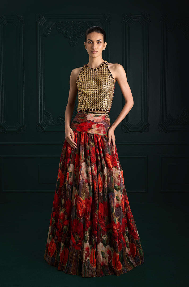 Red Pre-Pleated Printed High Waist Lehenga Set
