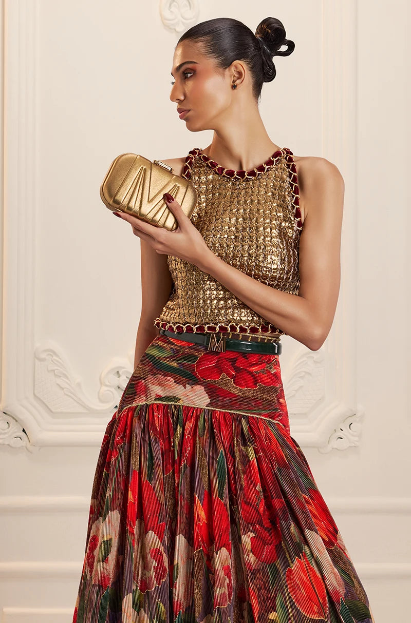 Red Pre-Pleated Printed High Waist Lehenga Set
