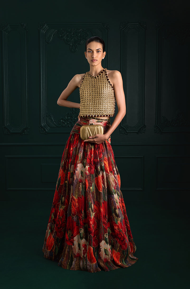 Red Pre-Pleated Printed High Waist Lehenga Set