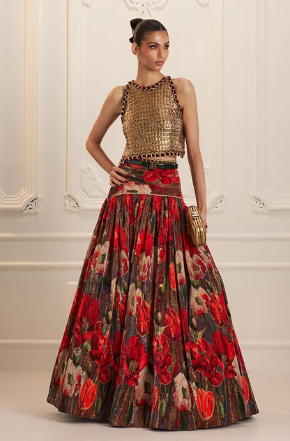 Red Pre-Pleated Printed High Waist Lehenga Set