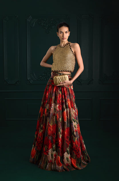 Red Pre-Pleated Printed High Waist Lehenga Set