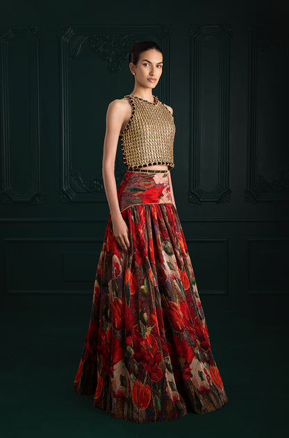 Red Pre-Pleated Printed High Waist Lehenga Set