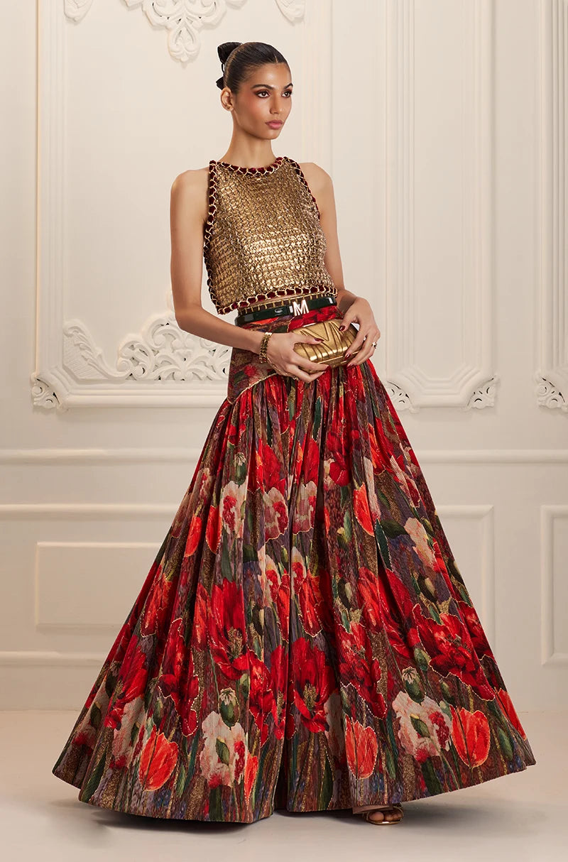 Red Pre-Pleated Printed High Waist Lehenga Set