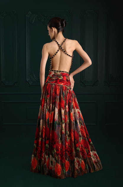 Red Pre-Pleated Printed High Waist Lehenga Set