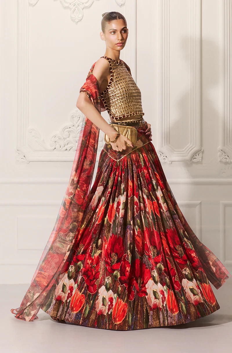Red Pre-Pleated Printed High Waist Lehenga Set