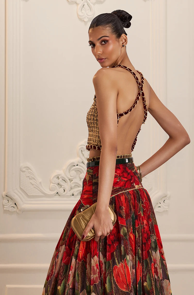 Red Pre-Pleated Printed High Waist Lehenga Set