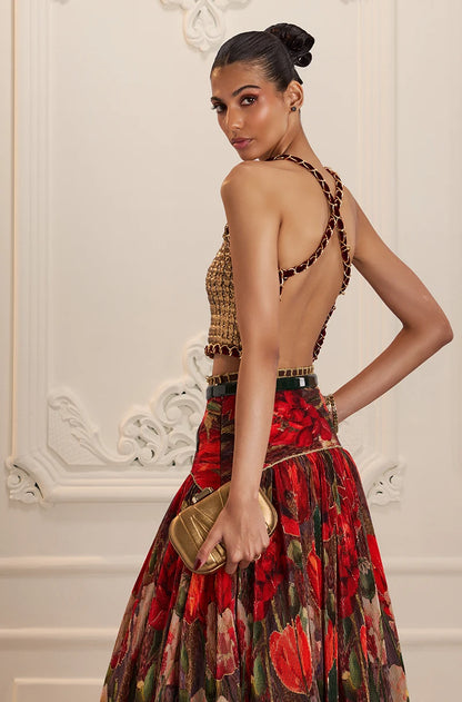 Red Pre-Pleated Printed High Waist Lehenga Set
