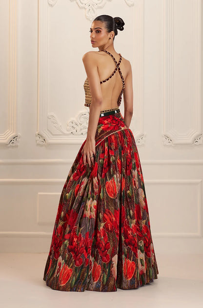 Red Pre-Pleated Printed High Waist Lehenga Set