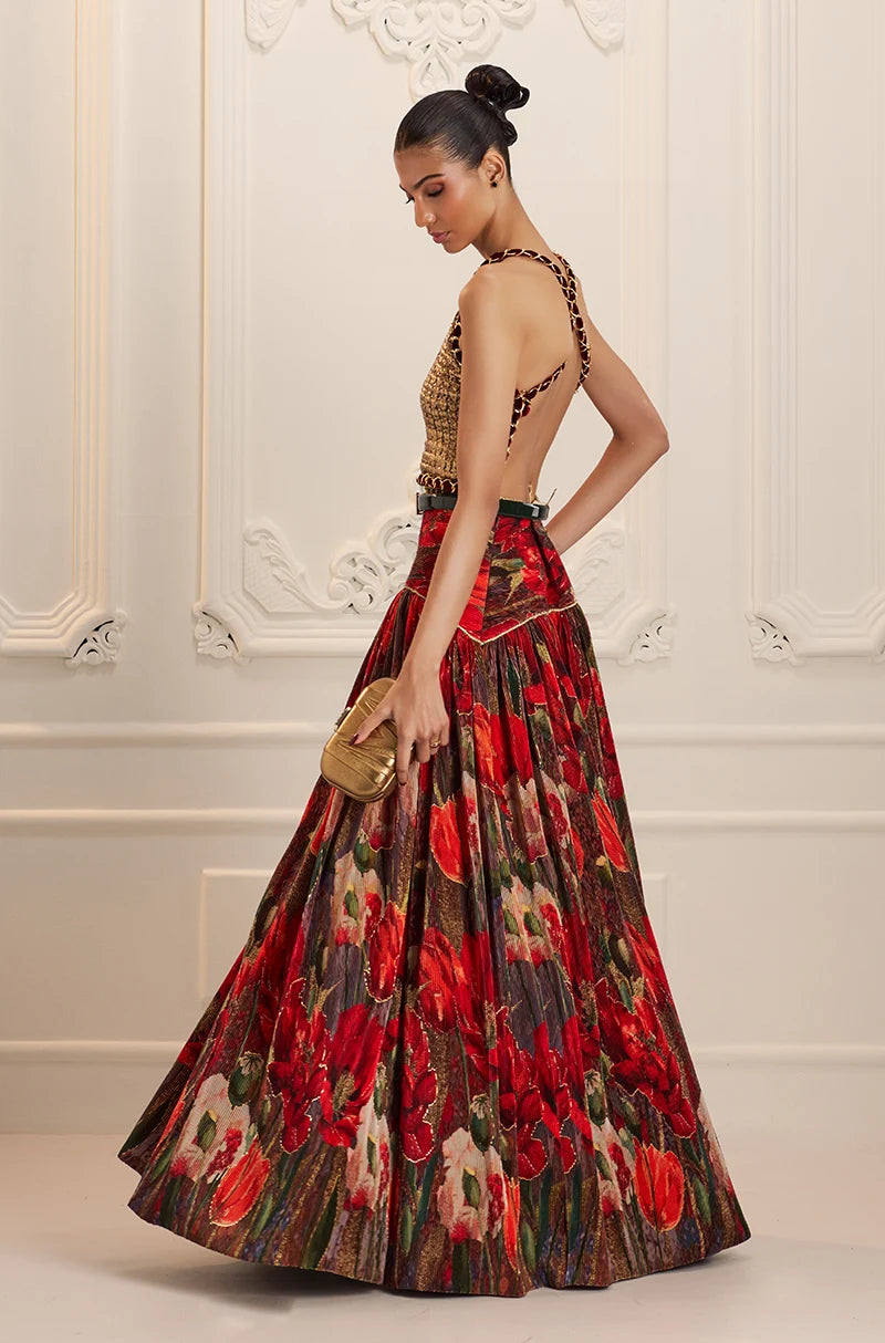 Red Pre-Pleated Printed High Waist Lehenga Set