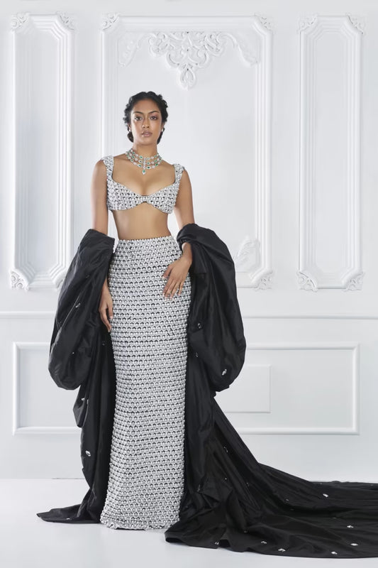 Grey Ivory Encrusted Skirt Set