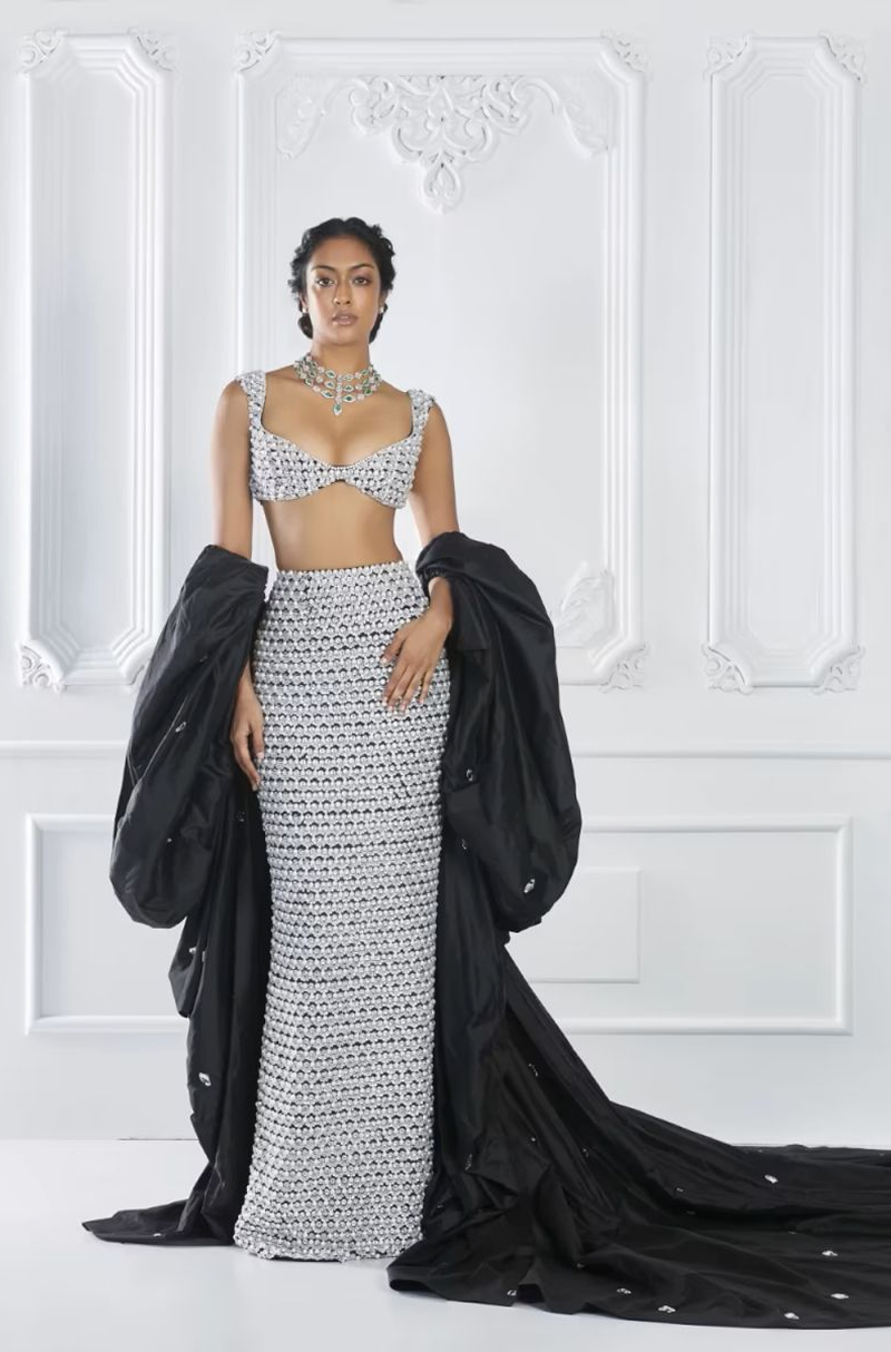 Grey Ivory Encrusted Skirt Set