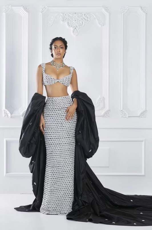 Grey Ivory Encrusted Skirt Set
