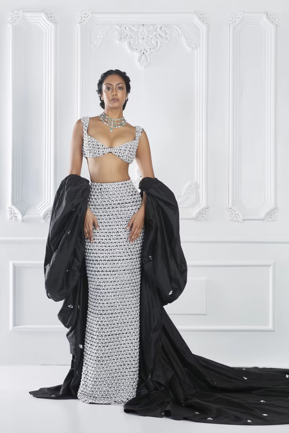 Grey Ivory Encrusted Skirt Set