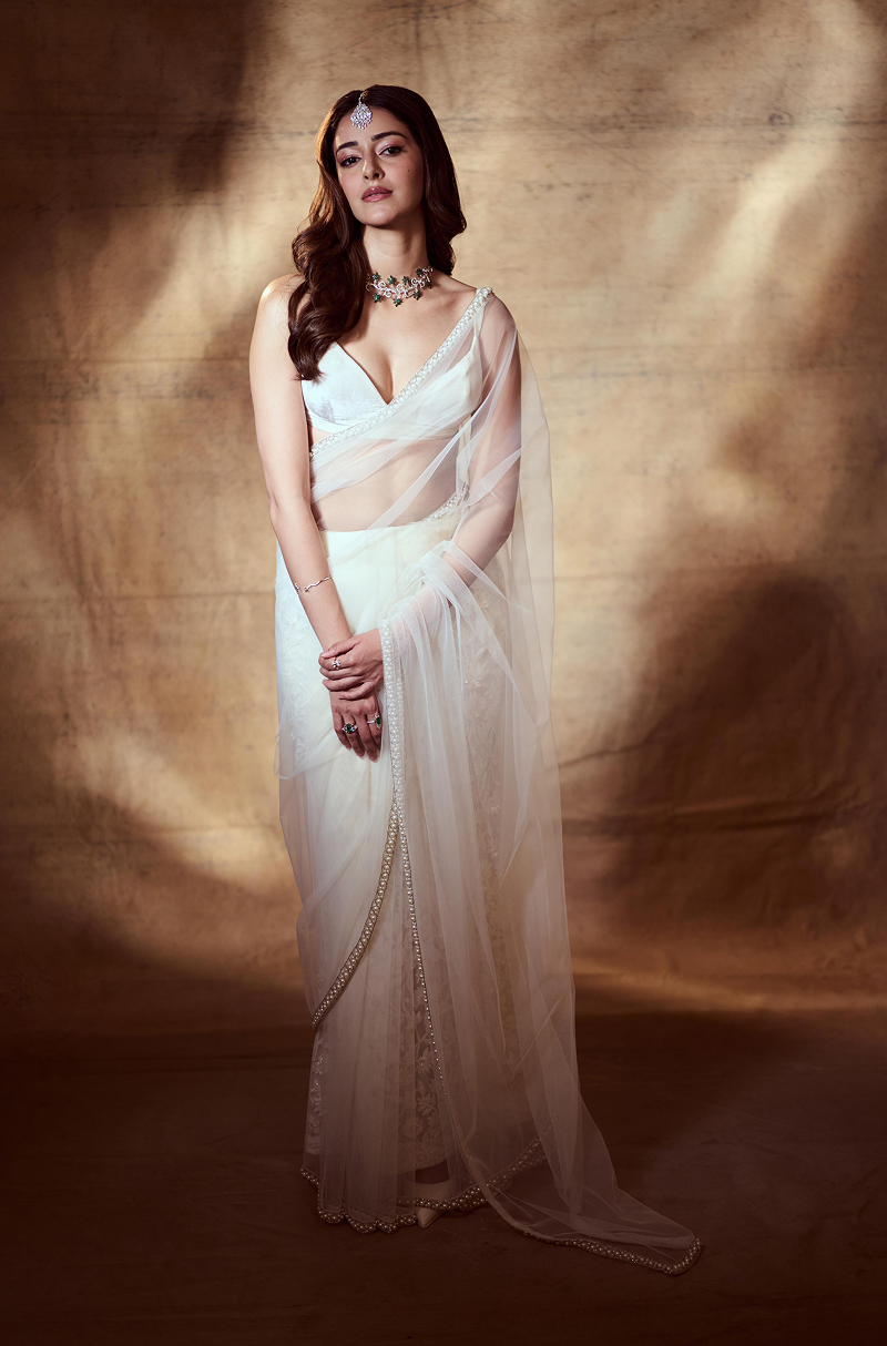 Ananya Pandey in our Ivory Net Saree Set