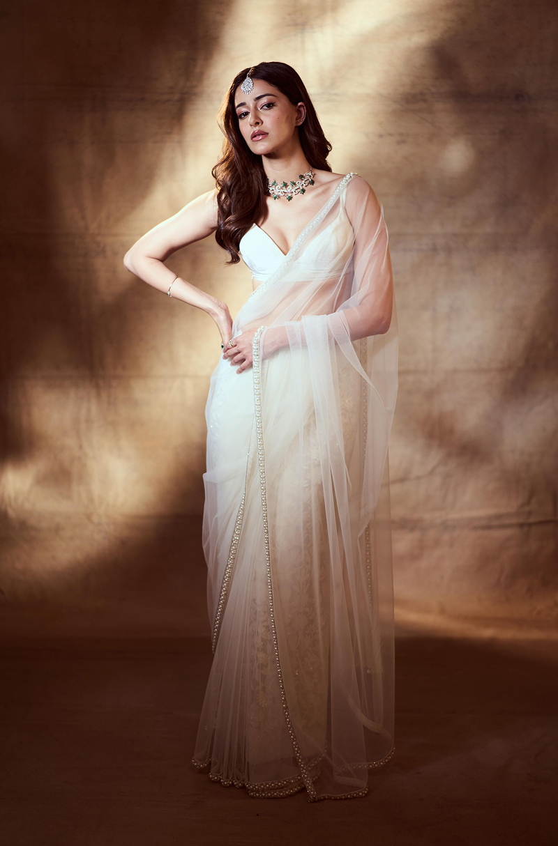 Ananya Pandey in our Ivory Net Saree Set