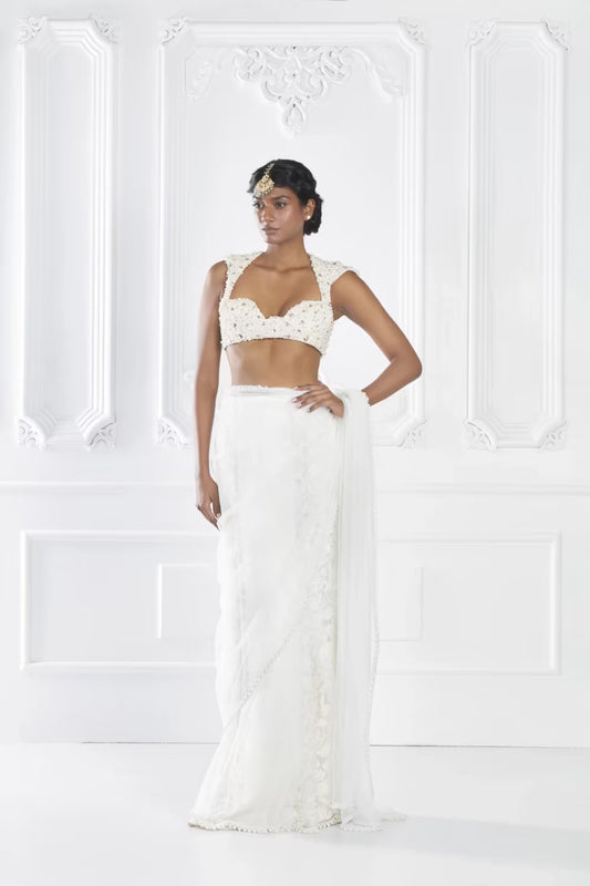 Ivory Embroidered Saree Set