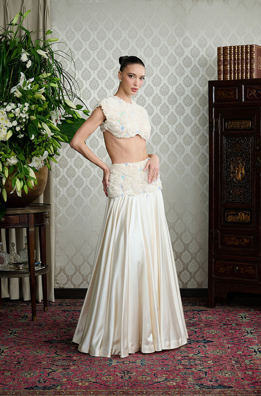 Chalk White Satin 3D Floral Embroidery Drape Skirt Set