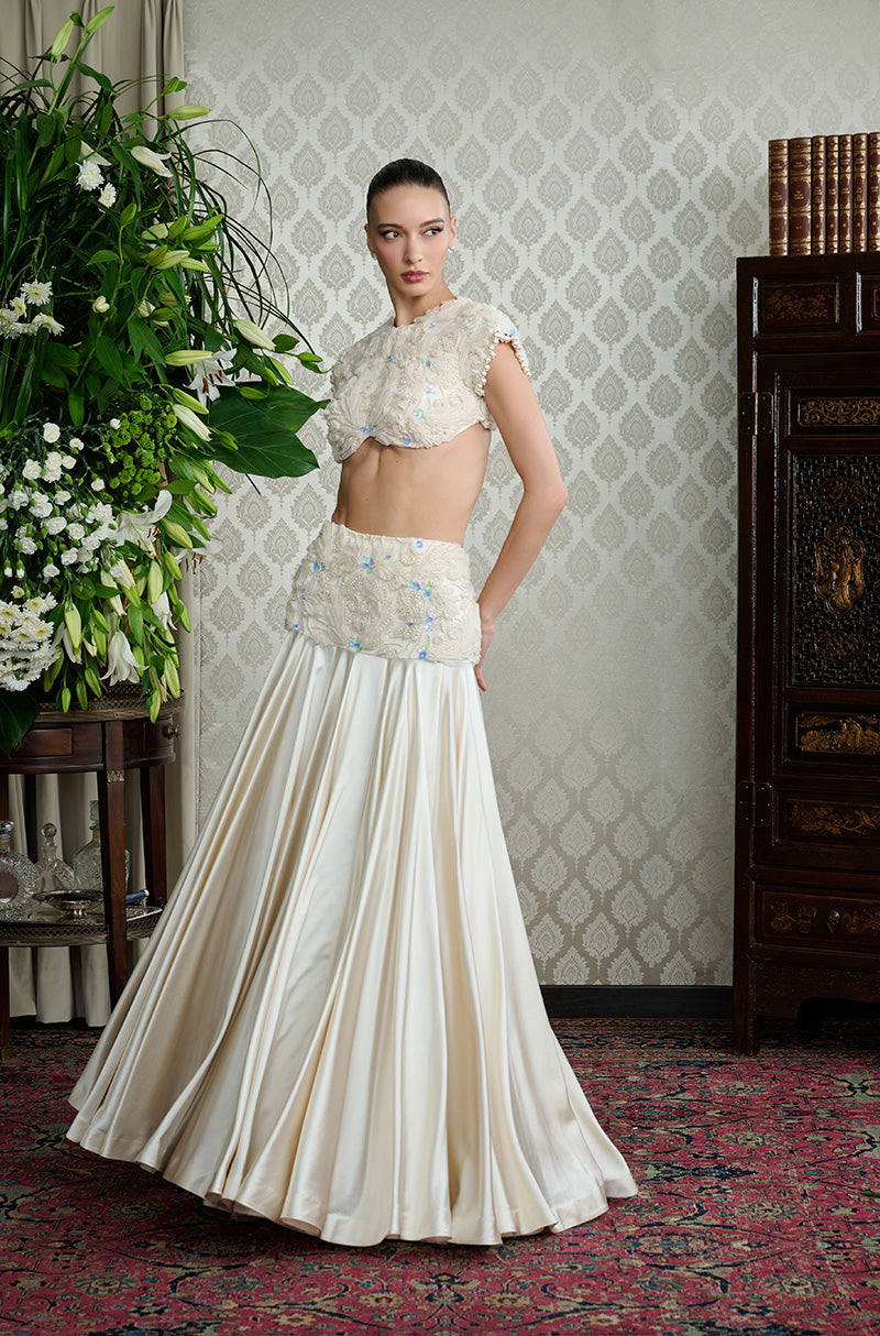 Chalk White Satin 3D Floral Embroidery Drape Skirt Set