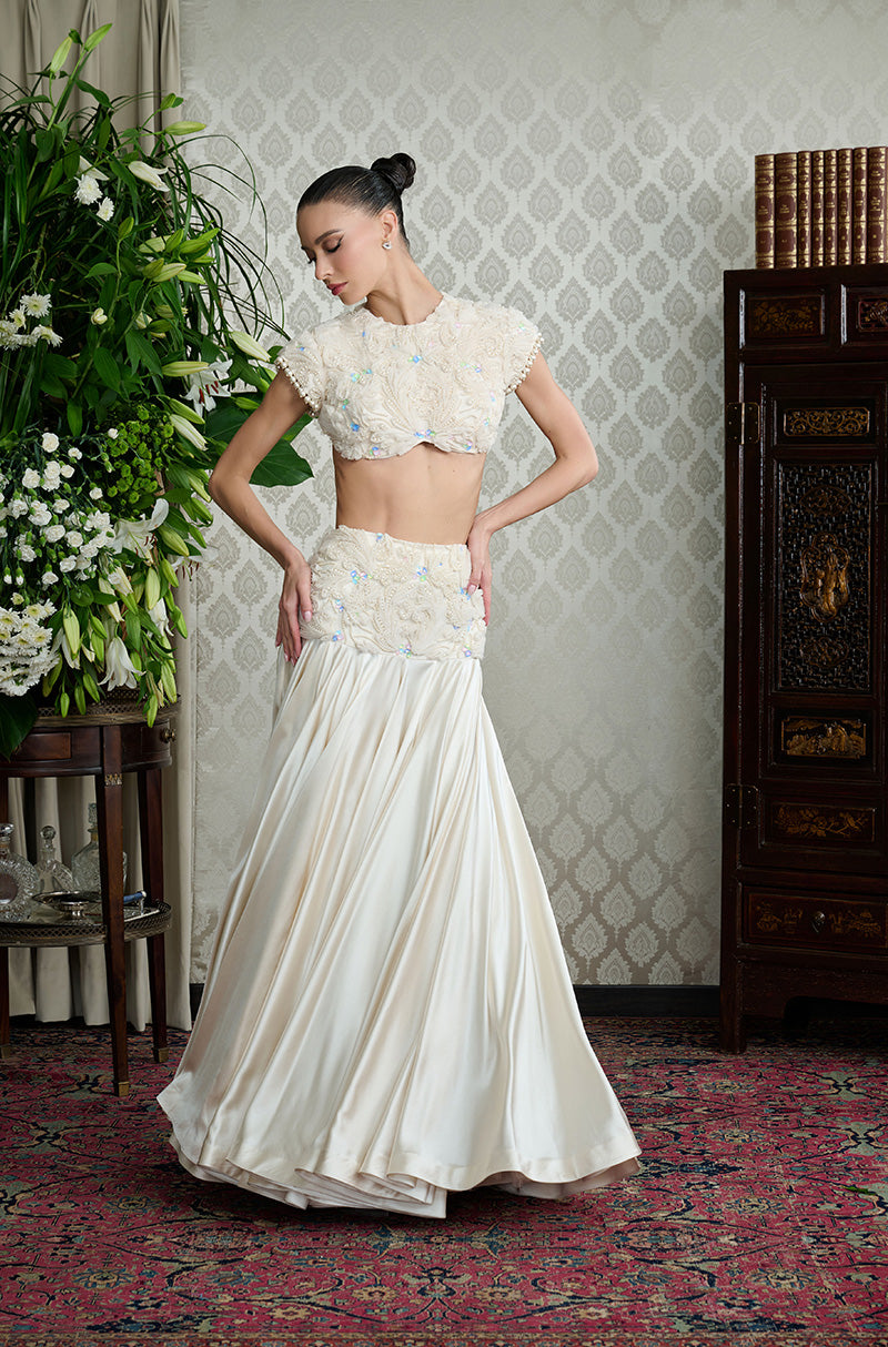 Chalk White Satin 3D Floral Embroidery Drape Skirt Set