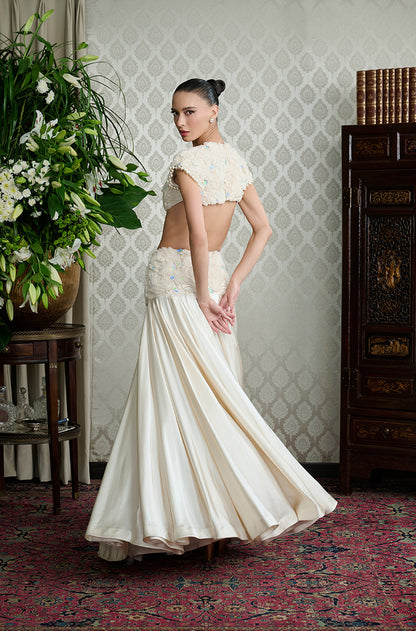 Chalk White Satin 3D Floral Embroidery Drape Skirt Set