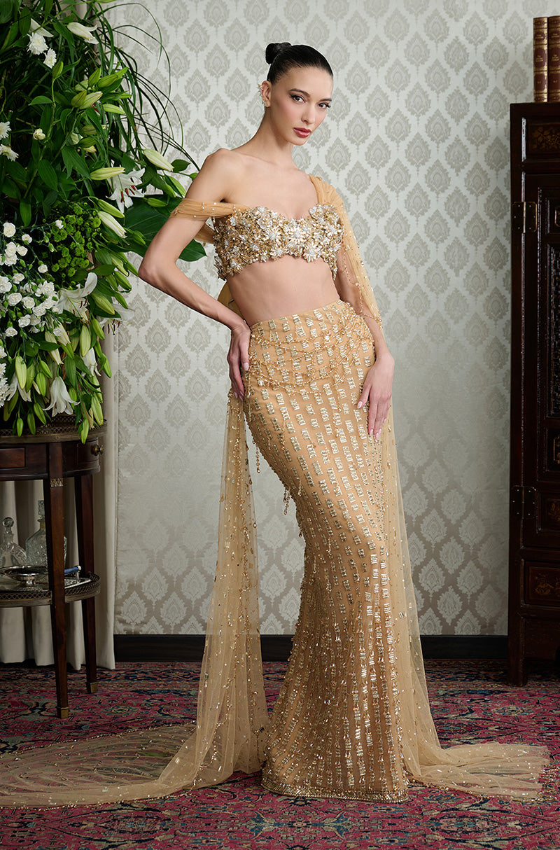 Gold Tulle Taban Embroidered Skirt Set